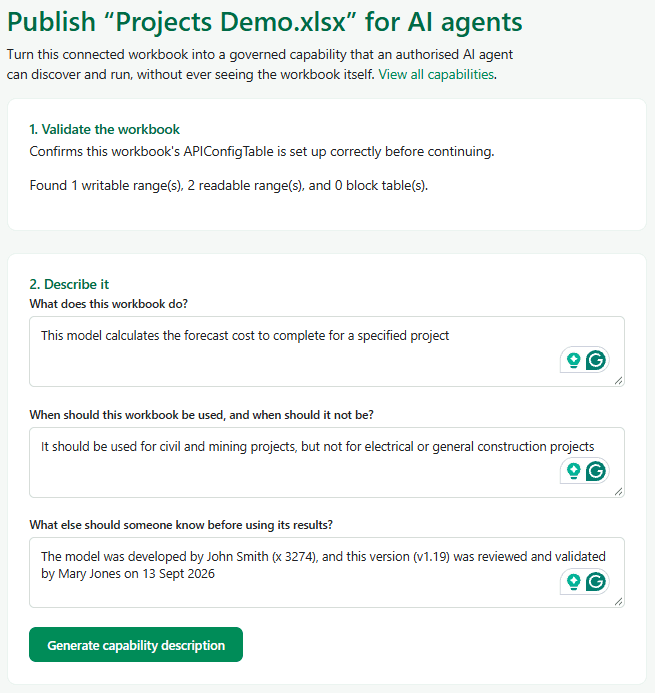 AccessEXL capability publishing form showing the workbook validation summary and three simple questions about the model's purpose, appropriate use and other details, with a button to generate the full capability description